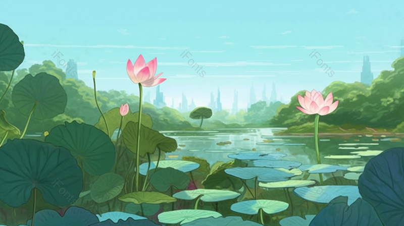 城市中湿地公园水池二十四节气夏至夏季荷花荷叶开花绿色插画,插画/手绘图,插画/手绘图库,插画/手绘图下载,插画/手绘